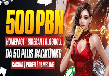 500 Homepage Sidebar/ Blogroll backlinks DA 50+ Casino,  poker,  Gambling boost your website