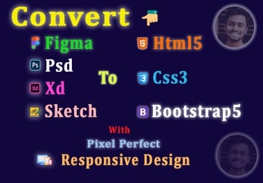 Convert figma,  psd,  xd,  sketch,  pdf,  png to html,  css,  bootstrap responsive website design