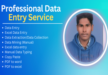 I will do any type of Data entry work Excel Data Entry,  Copy Paste,  Pdf to Excel and more