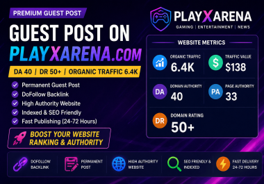 Get Powerful Gaming Guest Post on Playxarena. com DA40 DR50+ 6.4K Organic Traffic