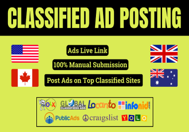 I Will Post Your Ads On The Top 50 Claassified Ad Posting Sites in The USA,  UK,  CA,  Or Any Country