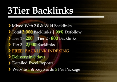 Total 3000 T1+T2+T3 Backlinks. 99 Do Follow Permanent Links with Premium Backlink Indexing