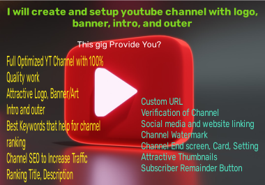 I will create and setup youtube with logo,  banner,  intro,  and outer