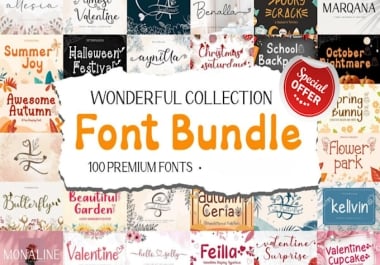 Elevate your design projects with our Wonderful Collection Font Bundle,  featuring 100 premium fonts