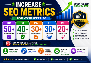 Increase DR 50+ DA 40+ PA 30+ TF 30+ CF 20+ with high quality backlinks