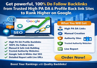 Get powerful,  100 do follow backlinks from trusted high PA DA & Profile Back link sites to rank hig