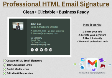 I will create a professional clickable HTML email signature with image and icons