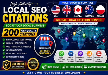 I will do 200 USA,  UK,  Canada,  Australia & Poland local citations for local SEO and GMB ranking