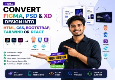 I will convert figma PSD and xd design into HTML CSS bootstrap tailwind or react
