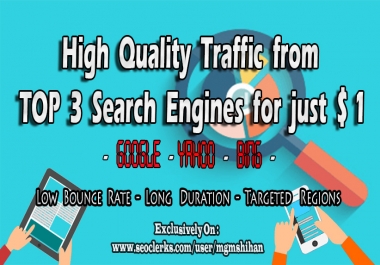 High Quality TRAFFIC from Top 3 Search Engines with Low Bounce Rate
