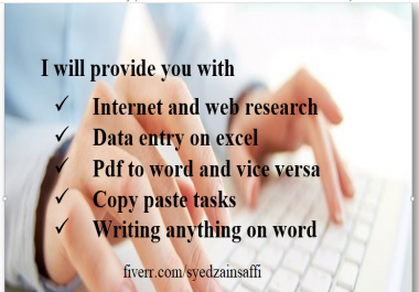 Virtual Assistant,  Data entry, internet research,  tasks on excel,  word,  powerpoint, pdf