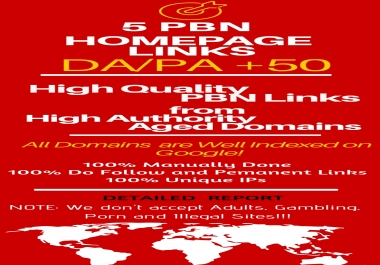 5 Homepage PBN Links DA +50
